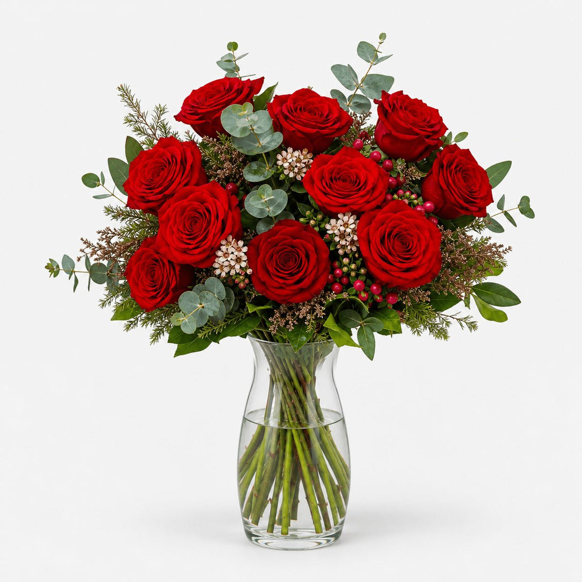 Amor | Ramo de Rosas Rojas, Eucalipto y Verdes Varios - Persa Flores