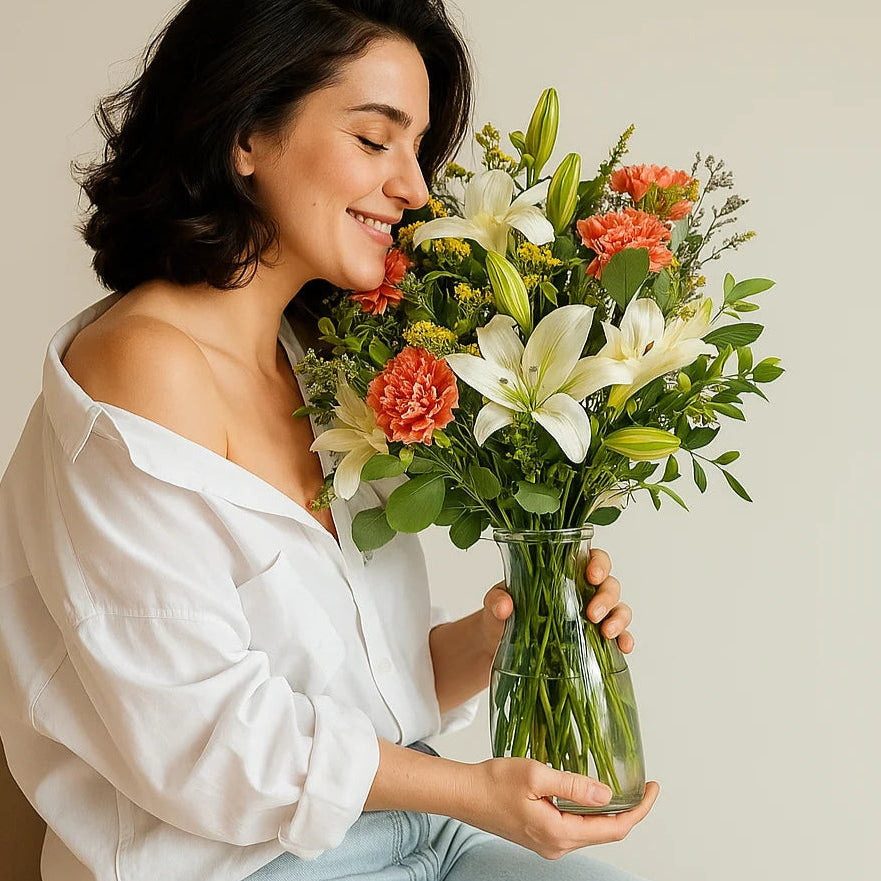 Mujer sonriente sosteniendo un elegante ramo de lirios blancos y flores variadas, enlace a la colección de Ramos de Lirios