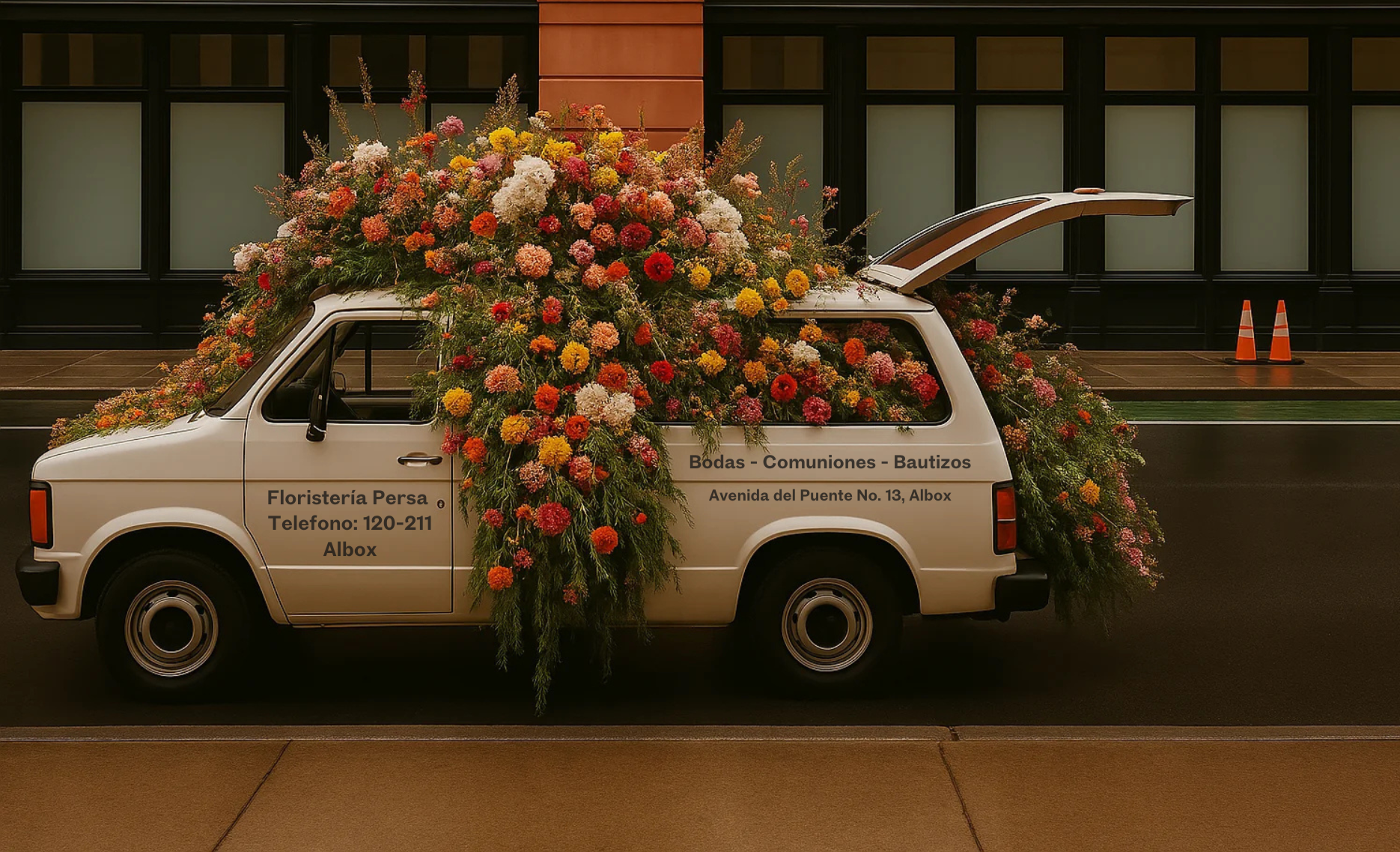 urgoneta clásica de Floristería Persa decorada con flores frescas para entregas en Albox