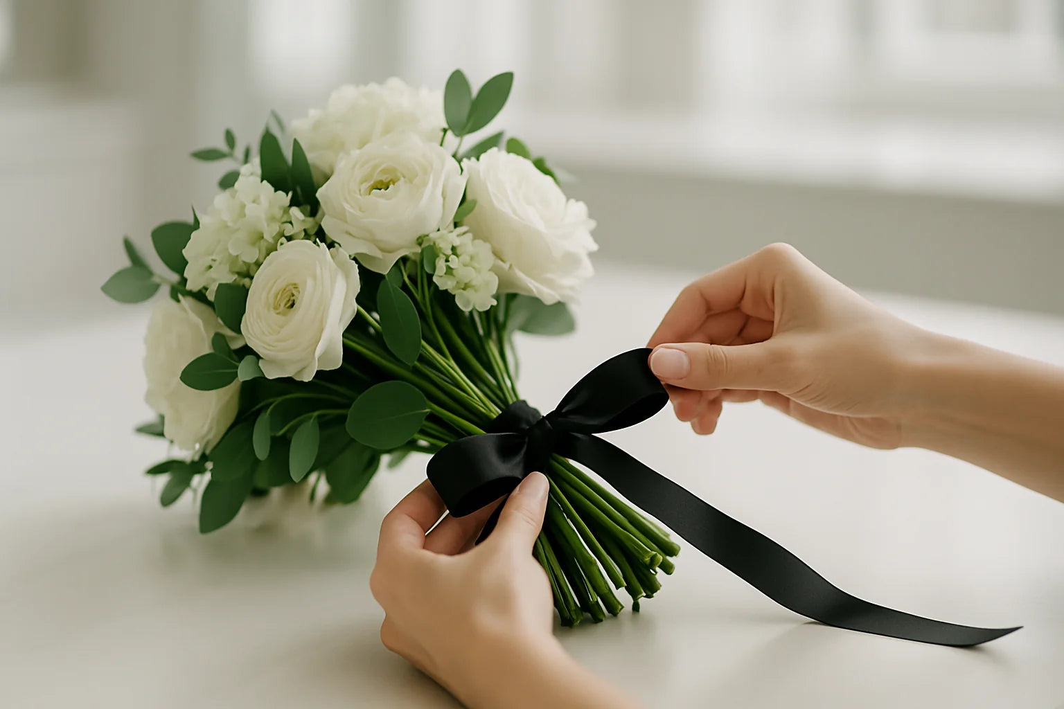 Manos preparando ramo elegante con flores blancas y lazo negro - Persa Flores Nuestra Promesa