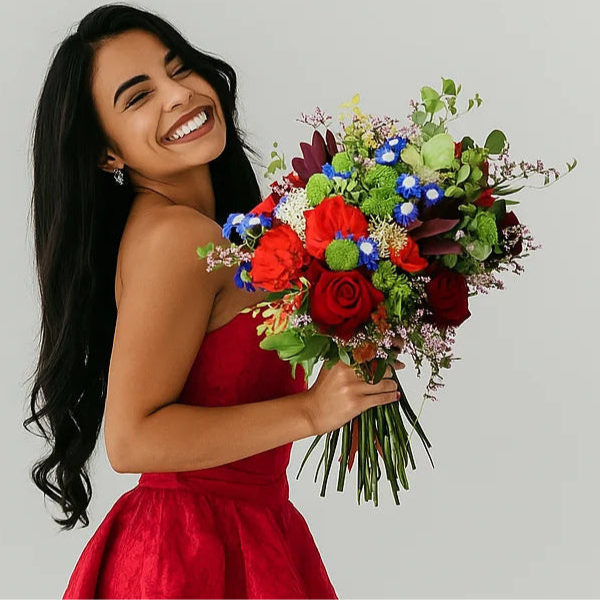 Ramo alegre para cumpleaños con rosas y otros verdes