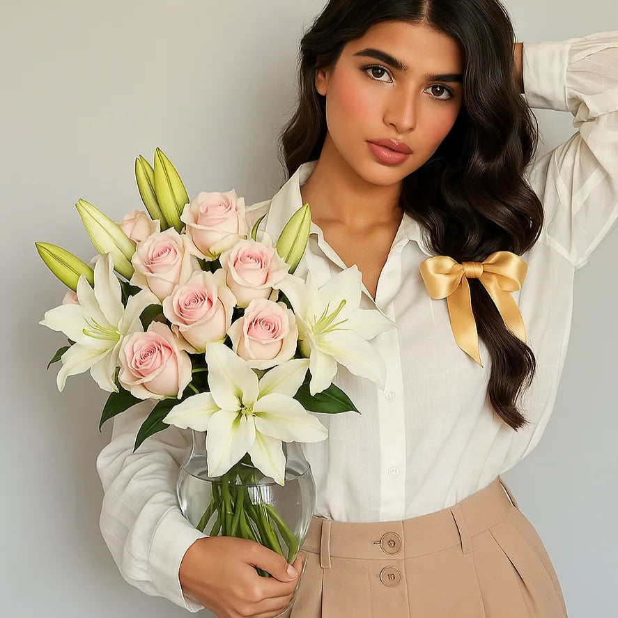 Ramo elegante de lirios blancos y rosas rosadas con entrega rápida en toda España.