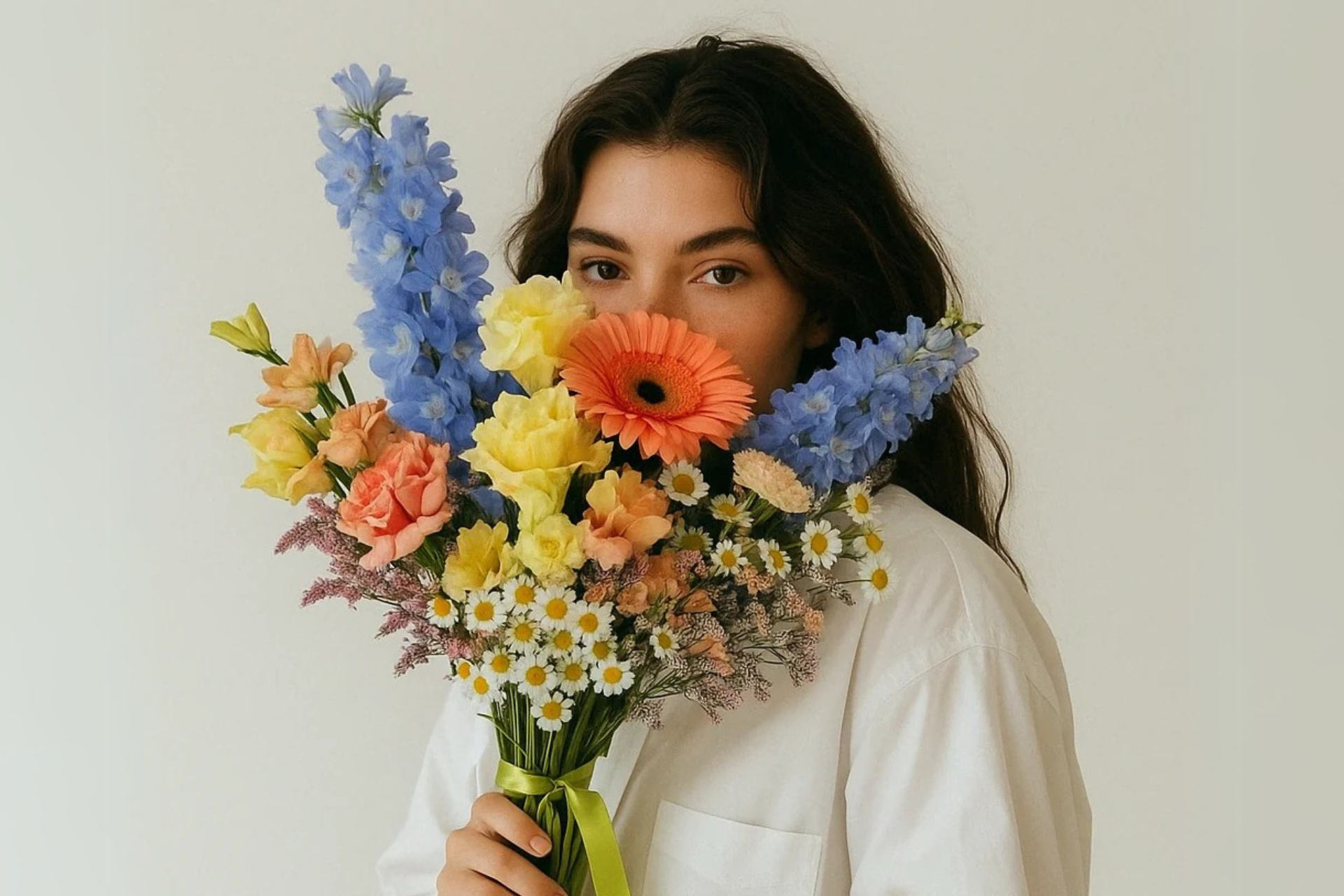 Mujer sosteniendo un ramo alegre y colorido con flores variadas, representando la promesa de calidad, frescura y entrega puntual de Persa Flores para sorprender y emocionar en el Día de la Madre.