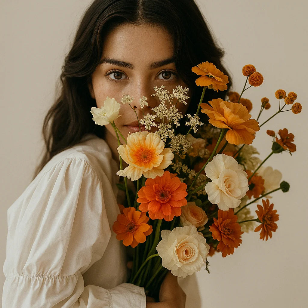 Modelo sosteniendo un ramo de persa flores - atencion al cliente