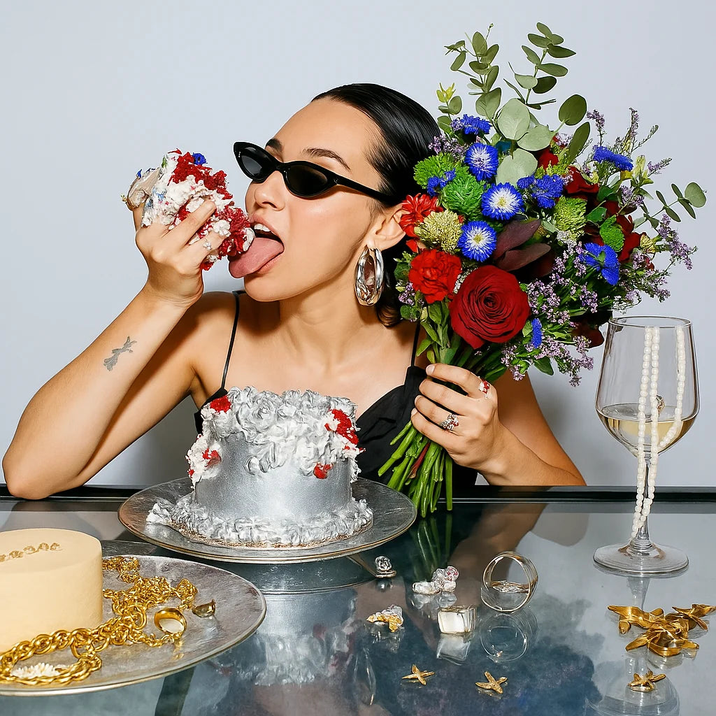 Mujer celebrando cumpleaños con ramo colorido de rosas rojas y comiendo un pastel - Persa Flores 