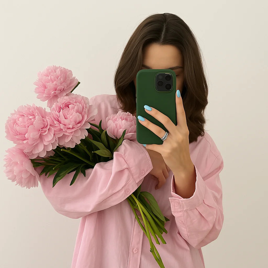 Mujer con blusa rosa sosteniendo un ramo de flores rosadas en Persa Flores