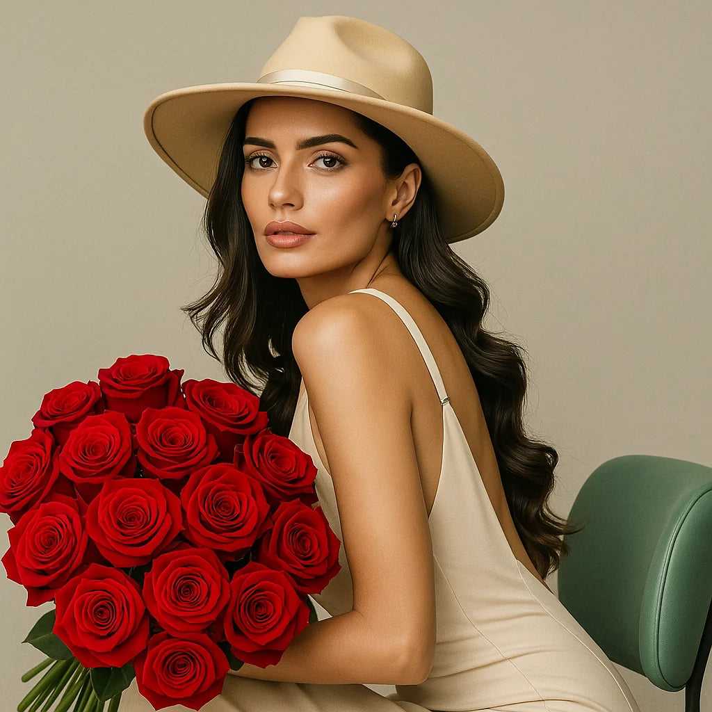 Mujer elegante sentada con un sombrero y un pedazo de ramo de rosas rojas de persa flores que no te lo puedes imaginar