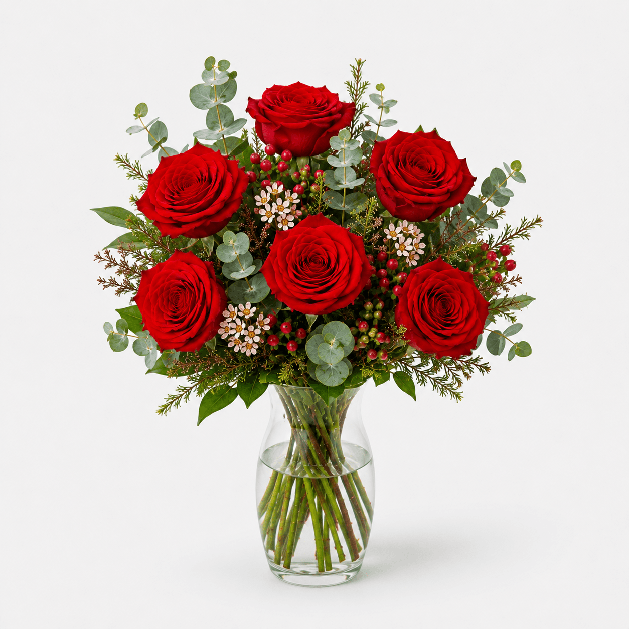 Amor | 6 Red Roses Bouquet in a Glass Vase - Persa Flores