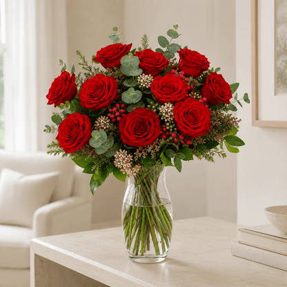 Amor | Red Roses Bouquet in a vase on a table - Persa Flores