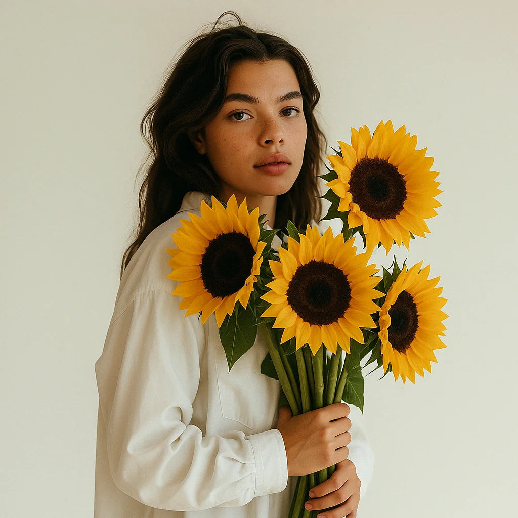 Mamá abrazando un vibrante ramo de girasoles, ideal para regalar alegría y energía positiva en el Día de la Madre.