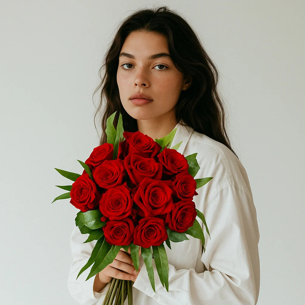 Mamá romántica sosteniendo un ramo elegante de rosas rojas de Persa Flores, perfectas para expresar pasión y amor profundo en el Día de la Madre.
