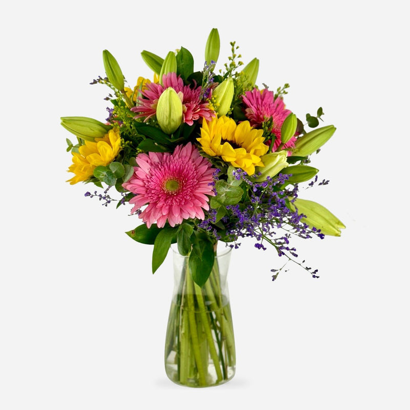 Ramo Alegría – Gerbera Rosa, Girasoles y Lilium Blanco - Persa Flores