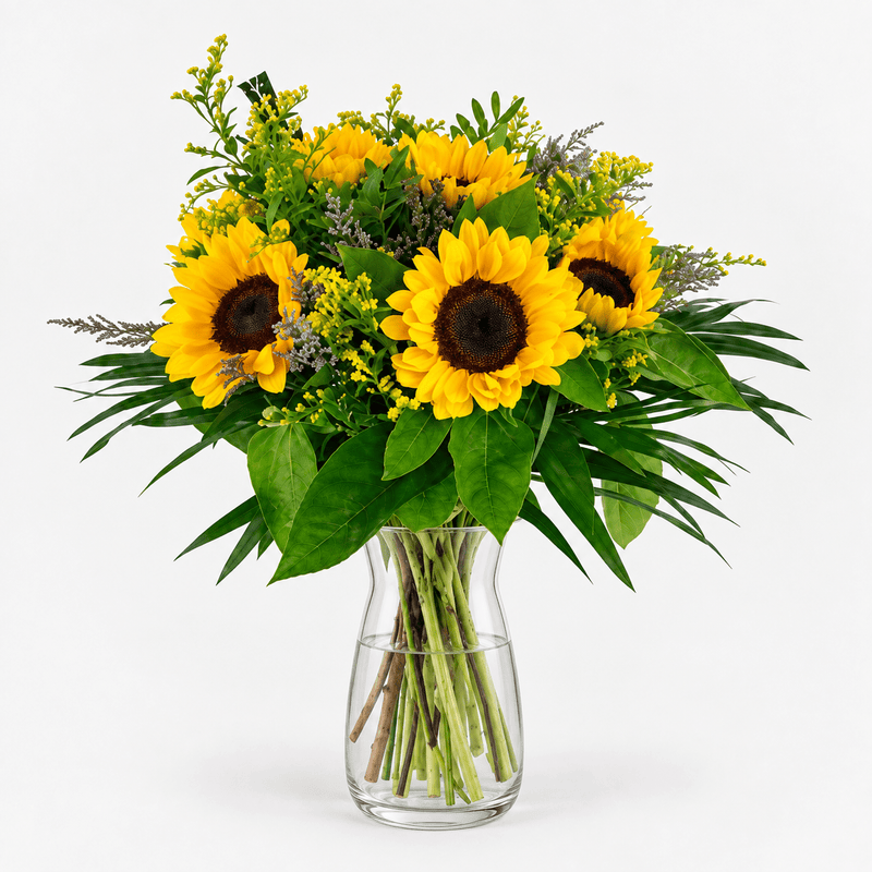 Helios sunflower bouquet with green foliage, front view in the Sakura vase.