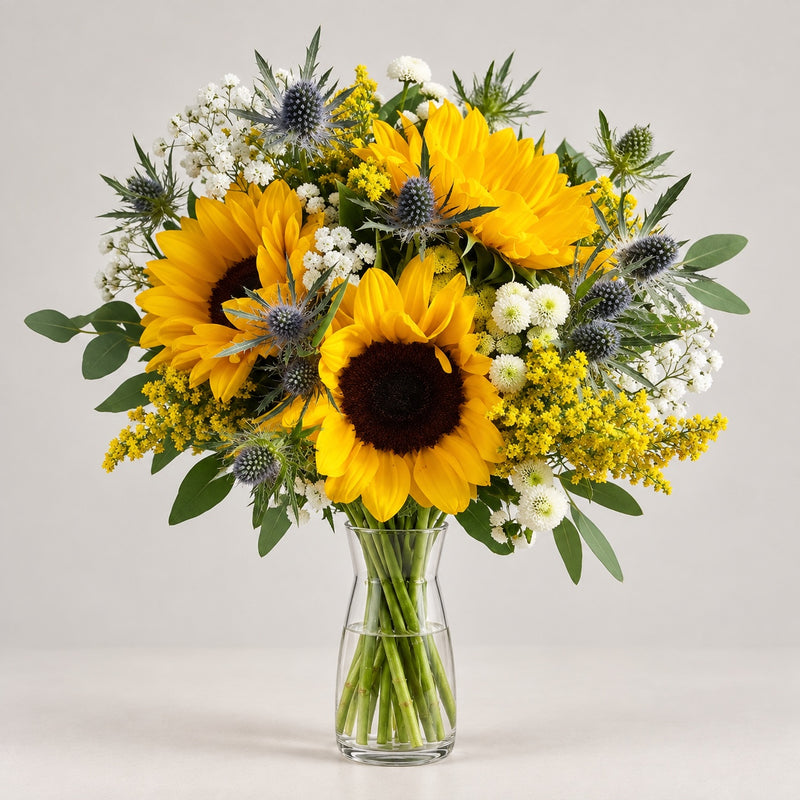 Ramo Sueño de Girasoles con girasoles amarillos, eryngium y flores blancas en jarrón de cristal Sakura.