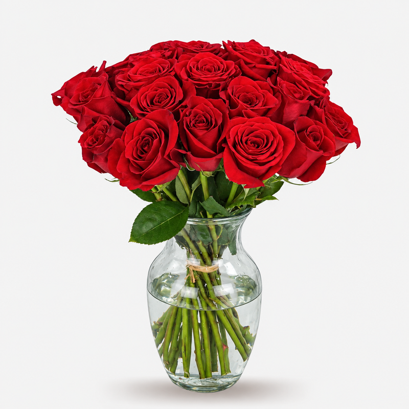 Rosas rojas premium en un jarrón de cristal transparente