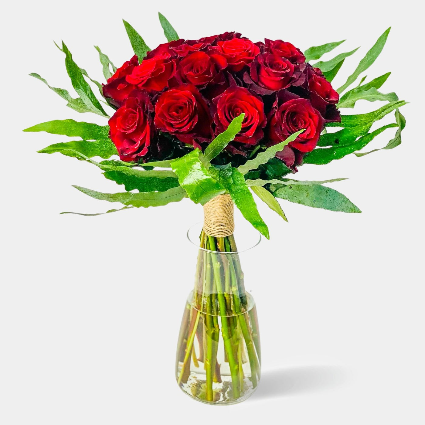 18 Rosas Rojas con Hojas - Persa Flores